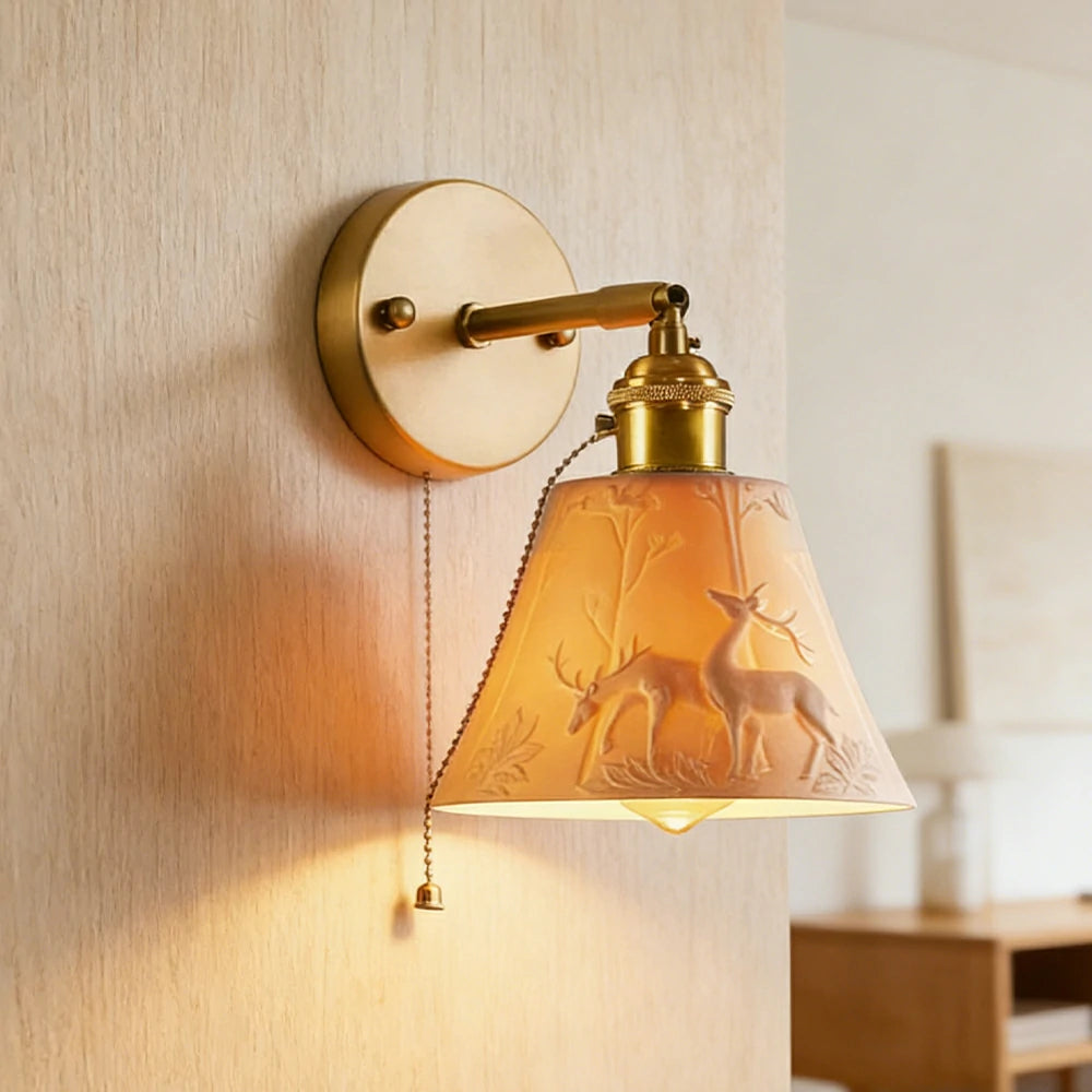 LIVARA Vintage Wall Light 40W Edison Bulb Deer Design Straight Rod Brass Structure for Bedroom Hallway Living Room