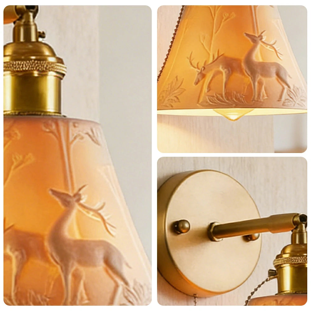 LIVARA Vintage Wall Light 40W Edison Bulb Deer Design Straight Rod Brass Structure for Bedroom Hallway Living Room