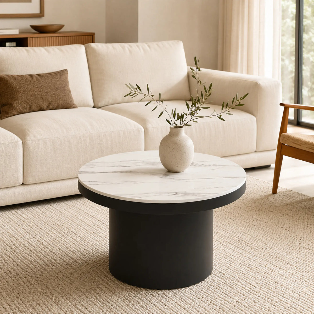 LIVARA Round Rock Slab Coffee Table 11mm Heat Resistant Top Stable Iron Base for Living Room Lounge Apartment - White & Black
