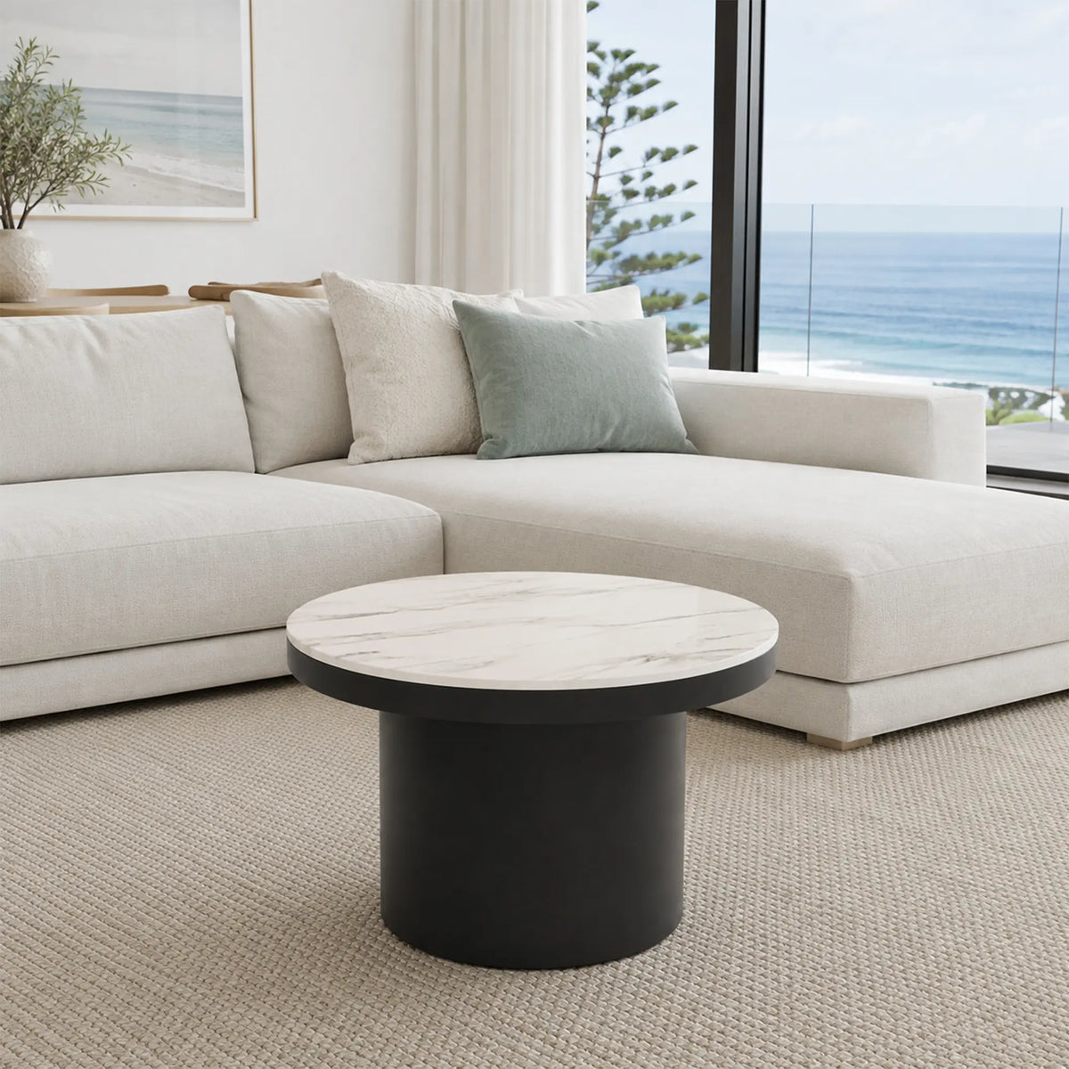 LIVARA Round Rock Slab Coffee Table 11mm Heat Resistant Top Stable Iron Base for Living Room Lounge Apartment - White & Black
