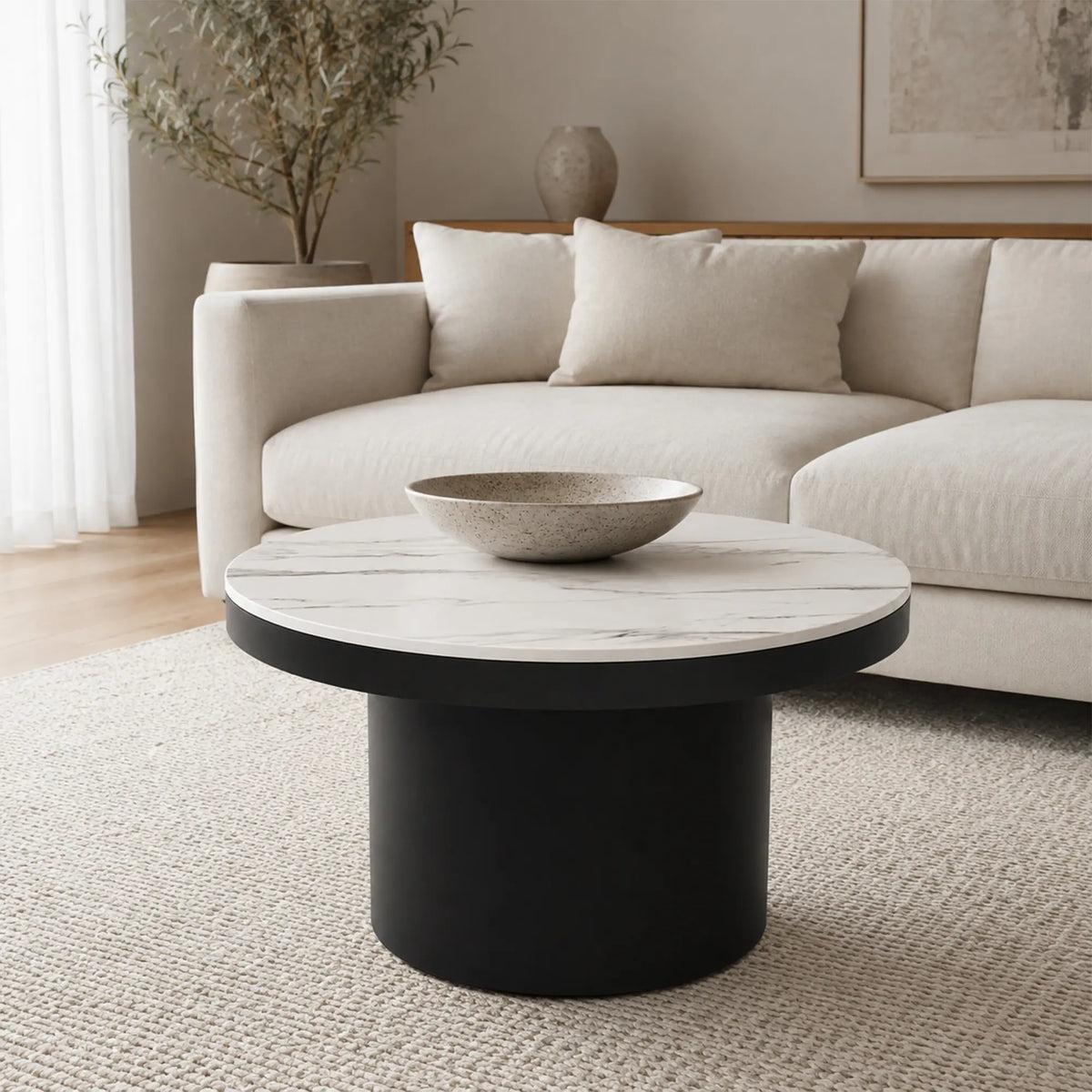 LIVARA Round Rock Slab Coffee Table 11mm Heat Resistant Top Stable Iron Base for Living Room Lounge Apartment - White & Black