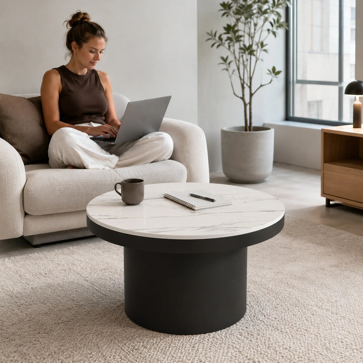 LIVARA Round Rock Slab Coffee Table 11mm Heat Resistant Top Stable Iron Base for Living Room Lounge Apartment - White & Black
