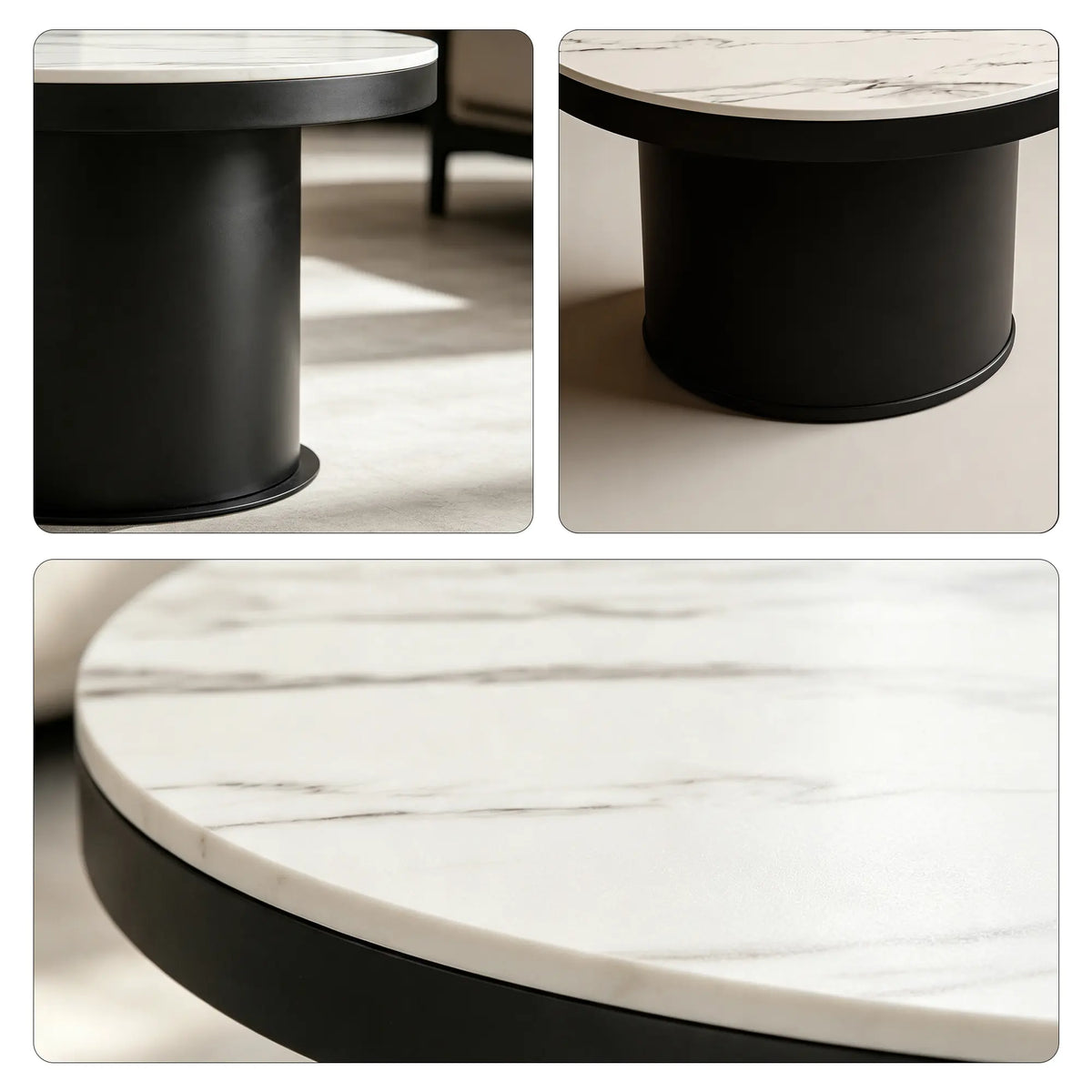 LIVARA Round Rock Slab Coffee Table 11mm Heat Resistant Top Stable Iron Base for Living Room Lounge Apartment - White & Black