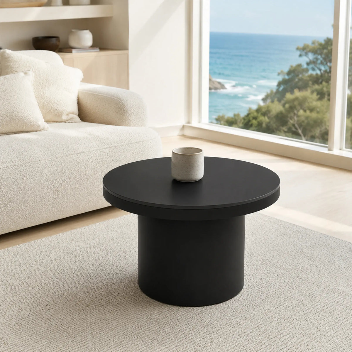 LIVARA Round Rock Slab Coffee Table 11mm Heat Resistant Top Stable Iron Base for Living Room Lounge Apartment - Black