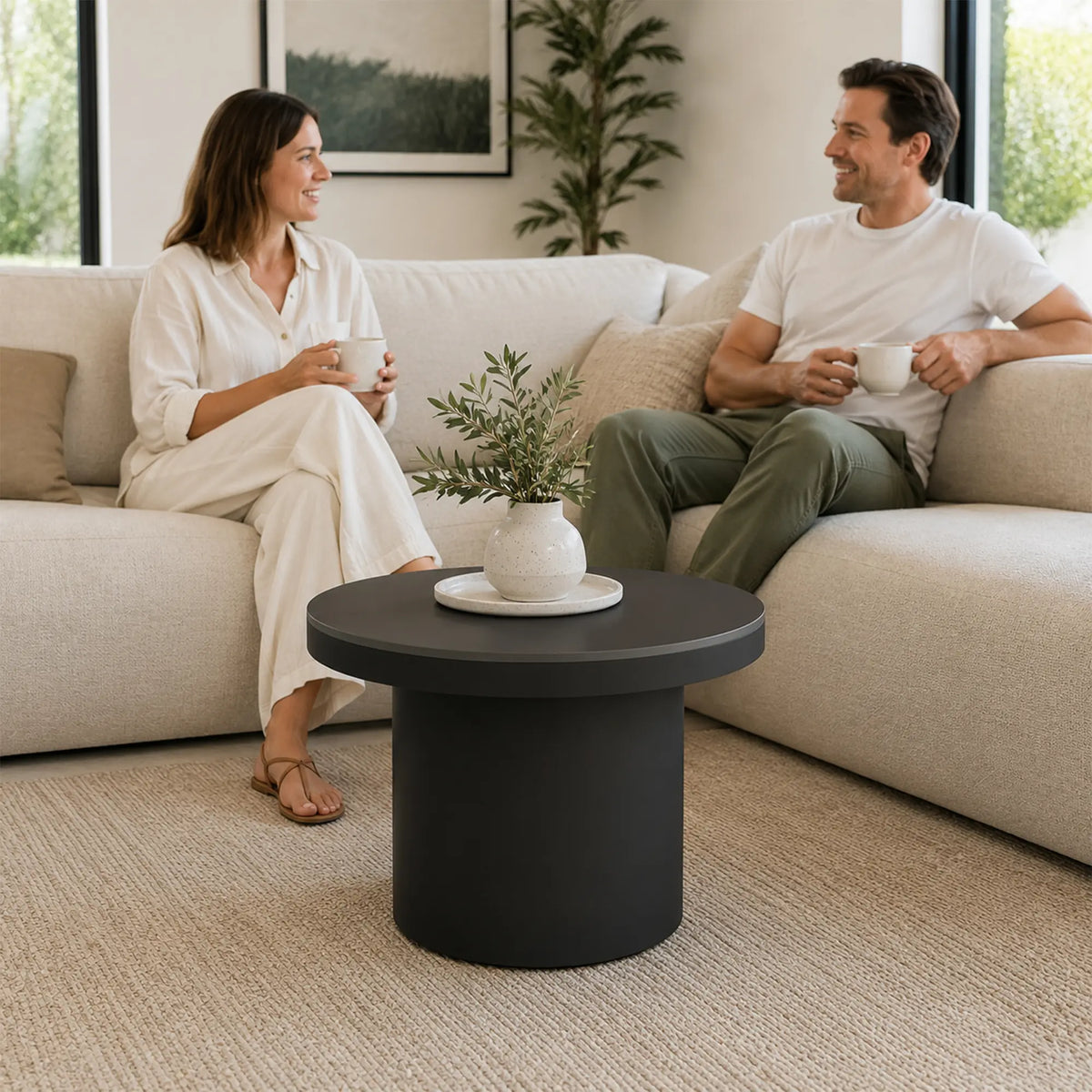 LIVARA Round Rock Slab Coffee Table 11mm Heat Resistant Top Stable Iron Base for Living Room Lounge Apartment - Black