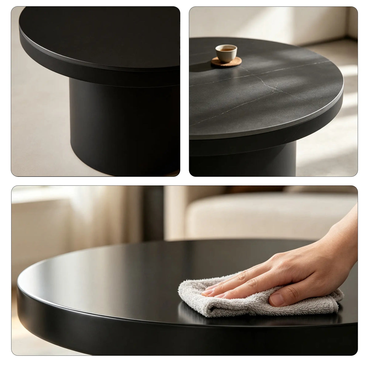 LIVARA Round Rock Slab Coffee Table 11mm Heat Resistant Top Stable Iron Base for Living Room Lounge Apartment - Black