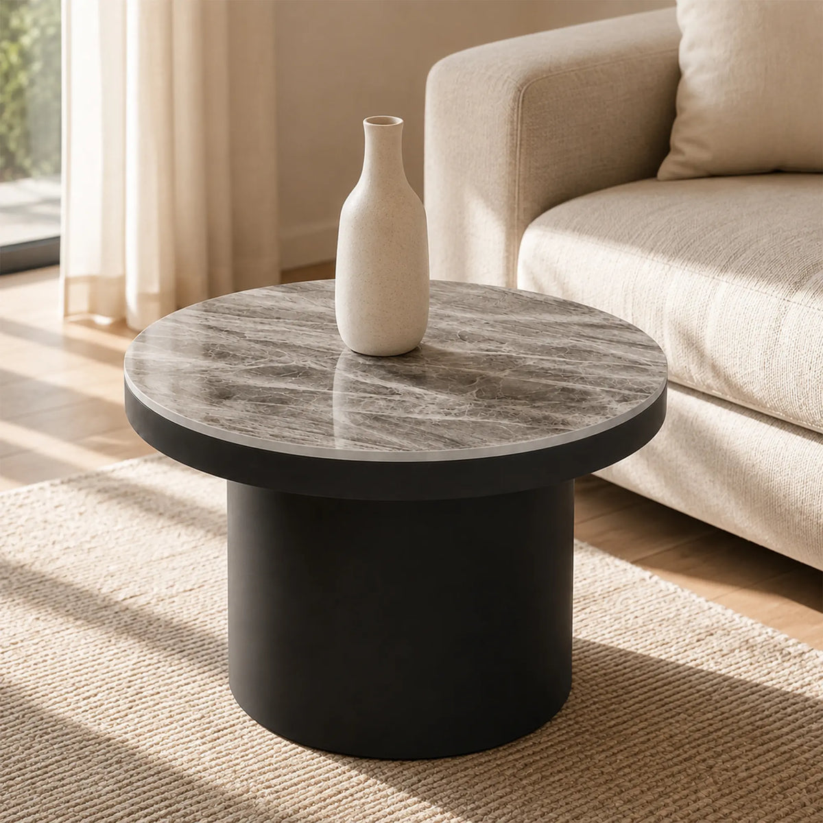 LIVARA Round Rock Slab Coffee Table 11mm Heat Resistant Top Stable Iron Base for Living Room Lounge Apartment - Grey & Black