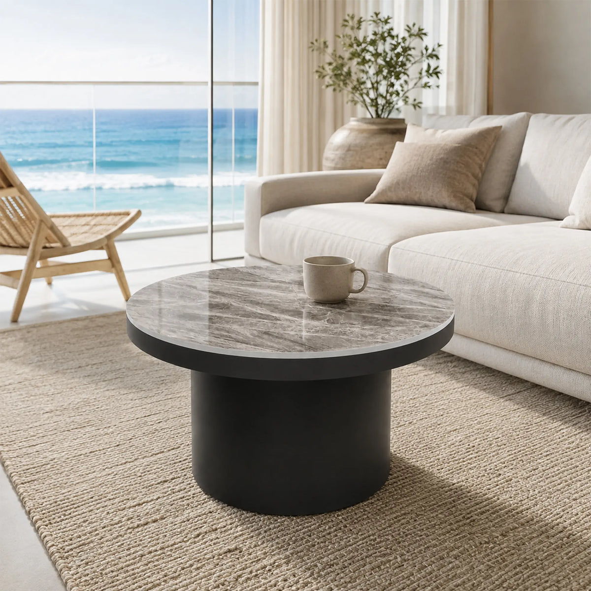 LIVARA Round Rock Slab Coffee Table 11mm Heat Resistant Top Stable Iron Base for Living Room Lounge Apartment - Grey & Black