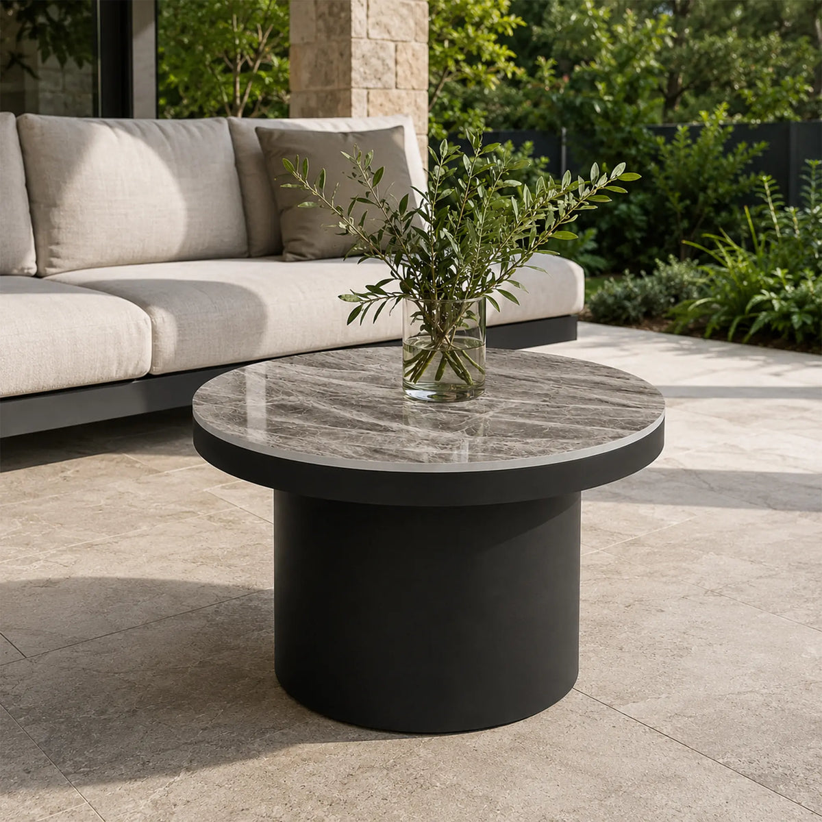 LIVARA Round Rock Slab Coffee Table 11mm Heat Resistant Top Stable Iron Base for Living Room Lounge Apartment - Grey & Black