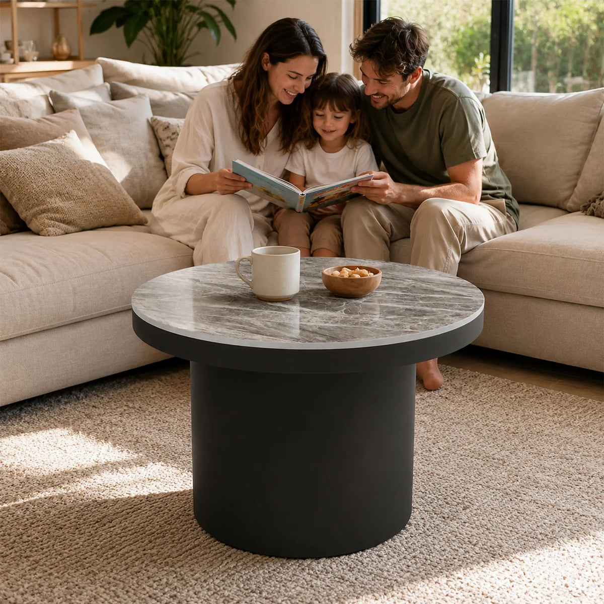 LIVARA Round Rock Slab Coffee Table 11mm Heat Resistant Top Stable Iron Base for Living Room Lounge Apartment - Grey & Black