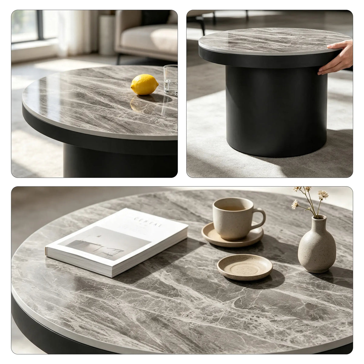 LIVARA Round Rock Slab Coffee Table 11mm Heat Resistant Top Stable Iron Base for Living Room Lounge Apartment - Grey & Black