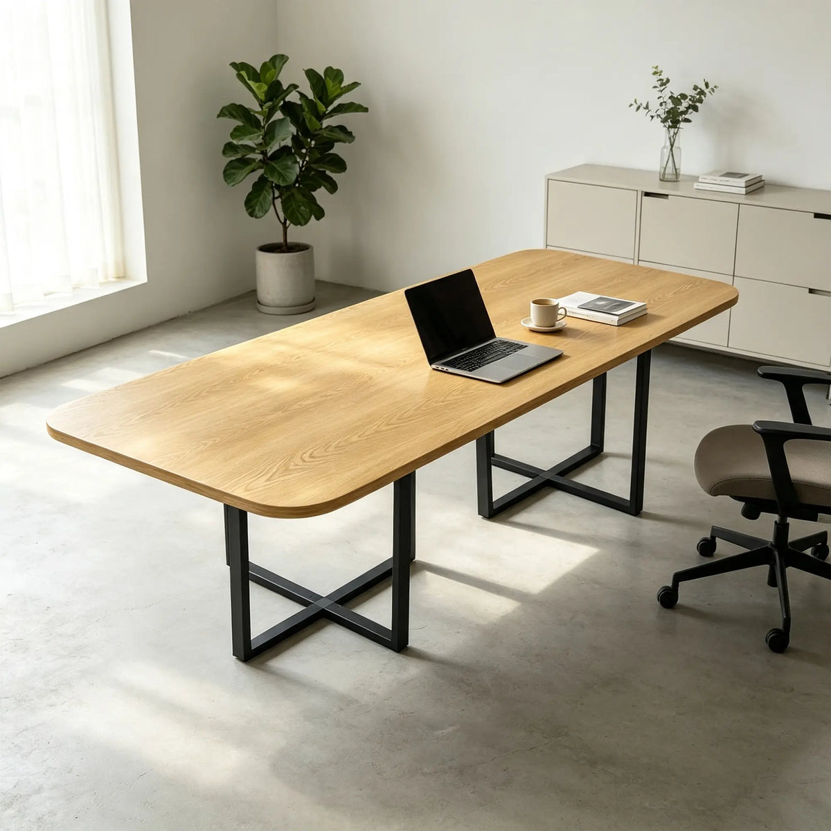 LIVARA 210cm Office Meeting Table Spacious E1 Board Top Reinforced Iron Frame for Conference Room Shared Office Studio