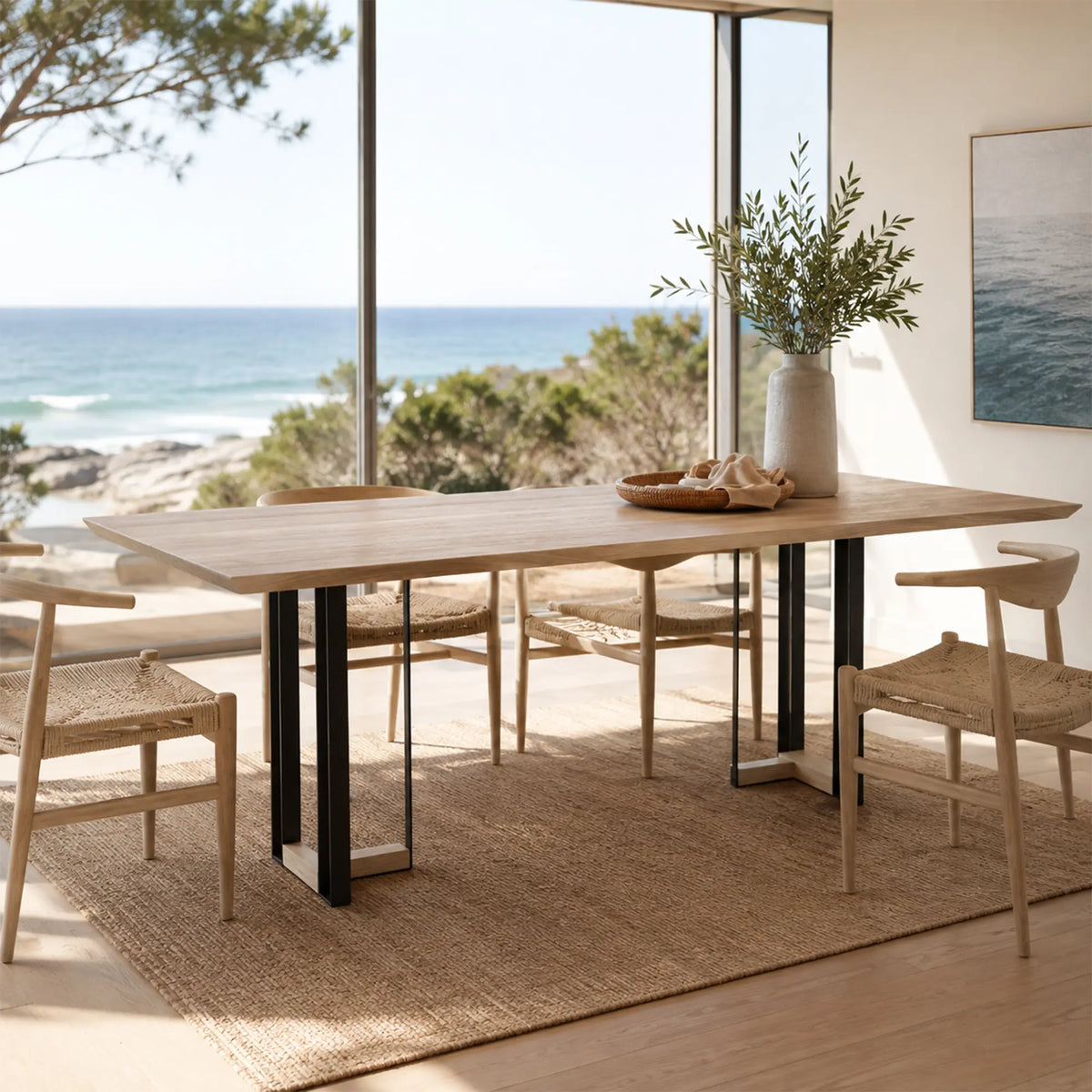 LIVARA 240cm Pine Wood Dining Table Natural Solid Wood Spacious Multi Person Table for Dining Room Meeting Room Office