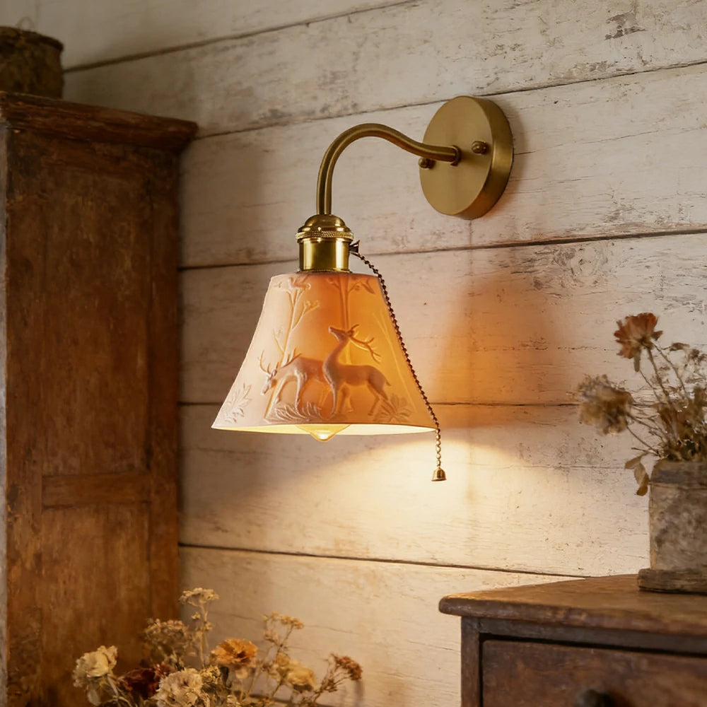 LIVARA Vintage Wall Light 40W Edison Bulb Deer Design Curved Arm Brass Structure for Bedroom Hallway Living Room