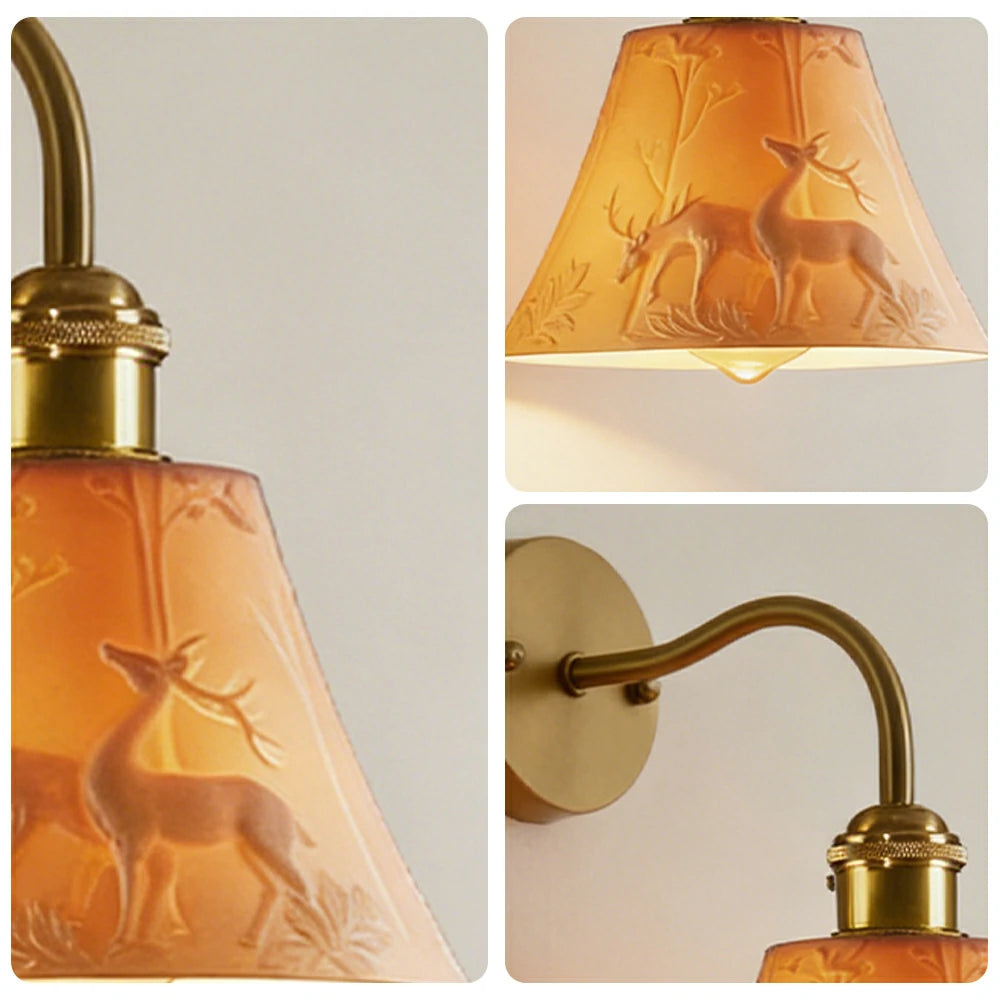 LIVARA Vintage Wall Light 40W Edison Bulb Deer Design Curved Arm Brass Structure for Bedroom Hallway Living Room