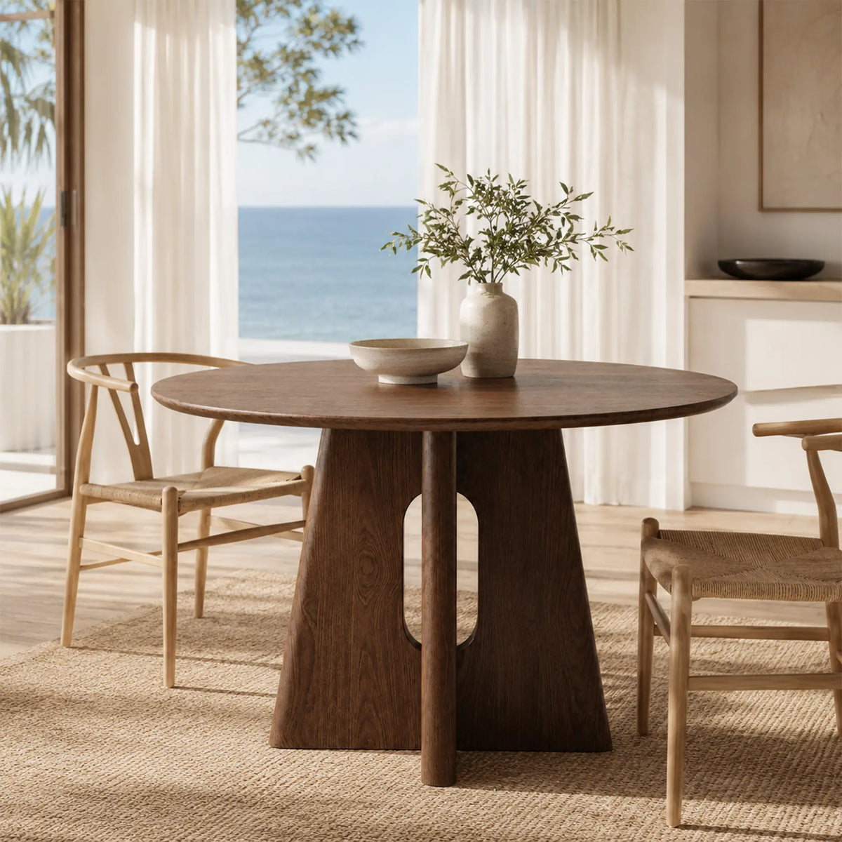 LIVARA Round Solid Wood Dining Table Thickened Top Stable Central Base 90/100cm for Dining Room Apartment Cafe