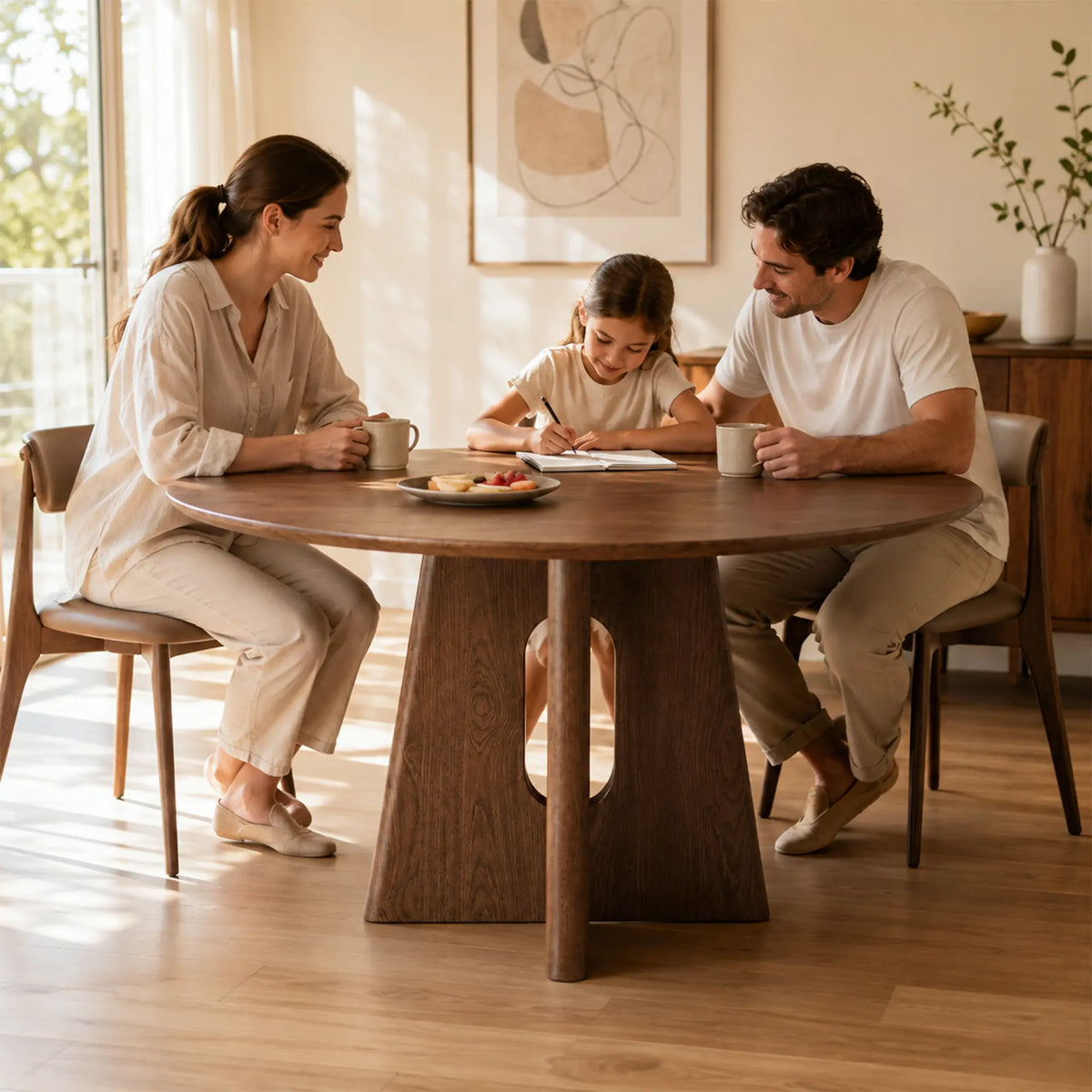 LIVARA Round Solid Wood Dining Table Thickened Top Stable Central Base 90/100cm for Dining Room Apartment Cafe