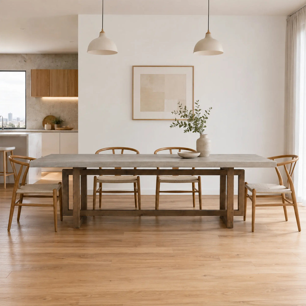 LIVARA Solid Wood Dining Table Grey Cement Texture Geometric Frame 140/160cm for Dining Room Apartment Studio