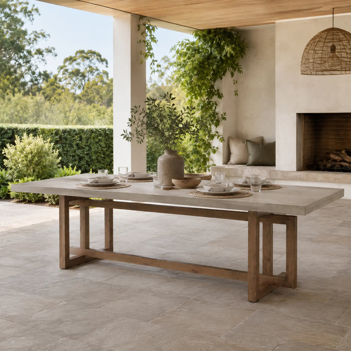 LIVARA Solid Wood Dining Table Grey Cement Texture Geometric Frame 140/160cm for Dining Room Apartment Studio