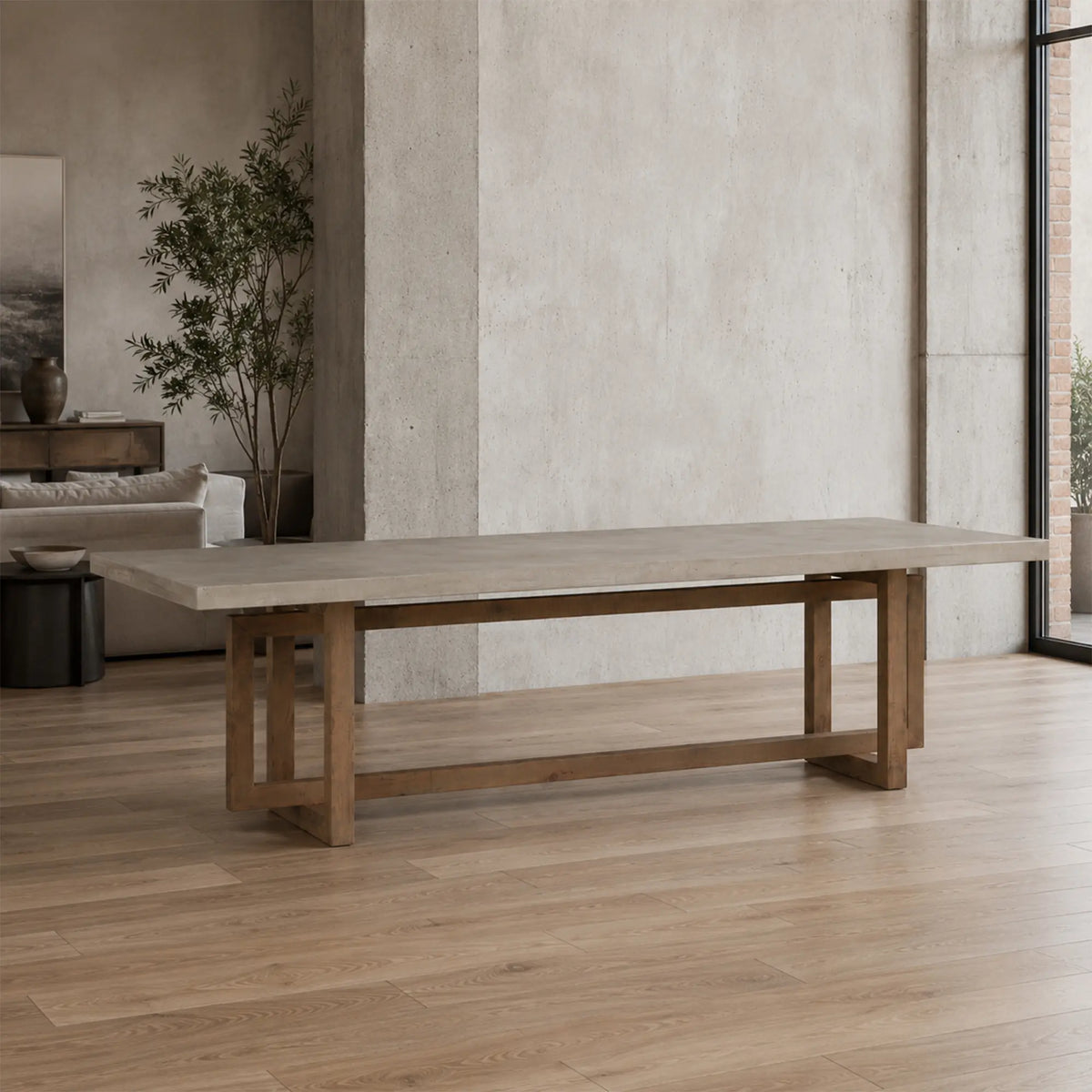 LIVARA Solid Wood Dining Table Grey Cement Texture Geometric Frame 140/160cm for Dining Room Apartment Studio