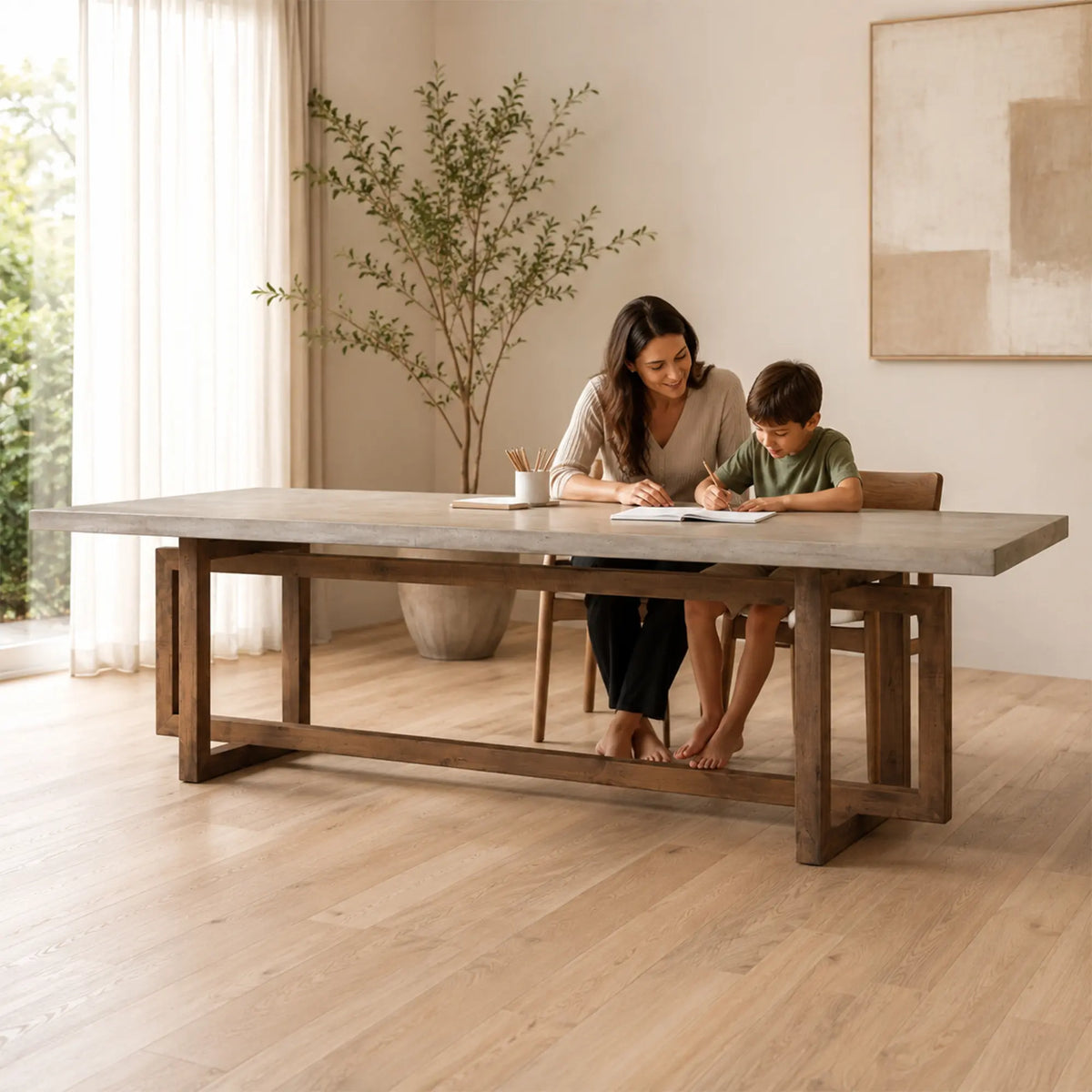 LIVARA Solid Wood Dining Table Grey Cement Texture Geometric Frame 140/160cm for Dining Room Apartment Studio