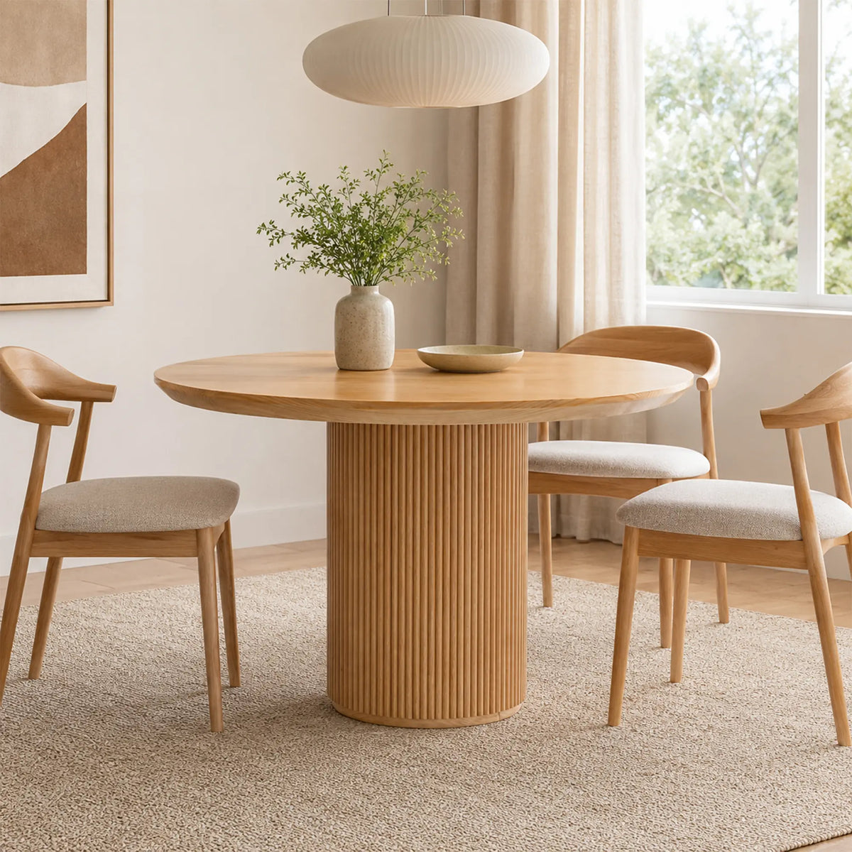 LIVARA Round Solid Wood Dining Table Natural Pine Wood Cylindrical Base 100/110cm for Dining Room Apartment Cafe