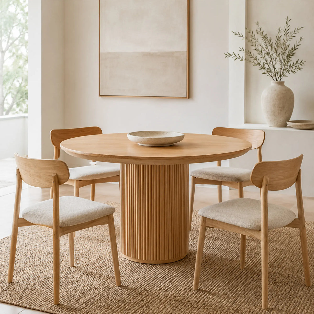 LIVARA Round Solid Wood Dining Table Natural Pine Wood Cylindrical Base 100/110cm for Dining Room Apartment Cafe