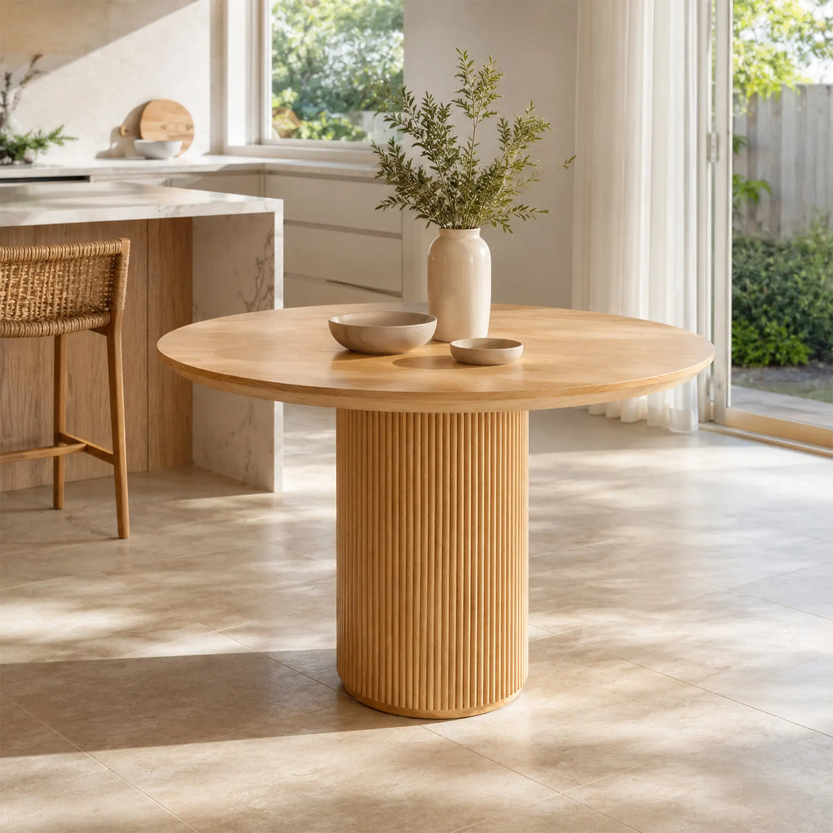 LIVARA Round Solid Wood Dining Table Natural Pine Wood Cylindrical Base 100/110cm for Dining Room Apartment Cafe