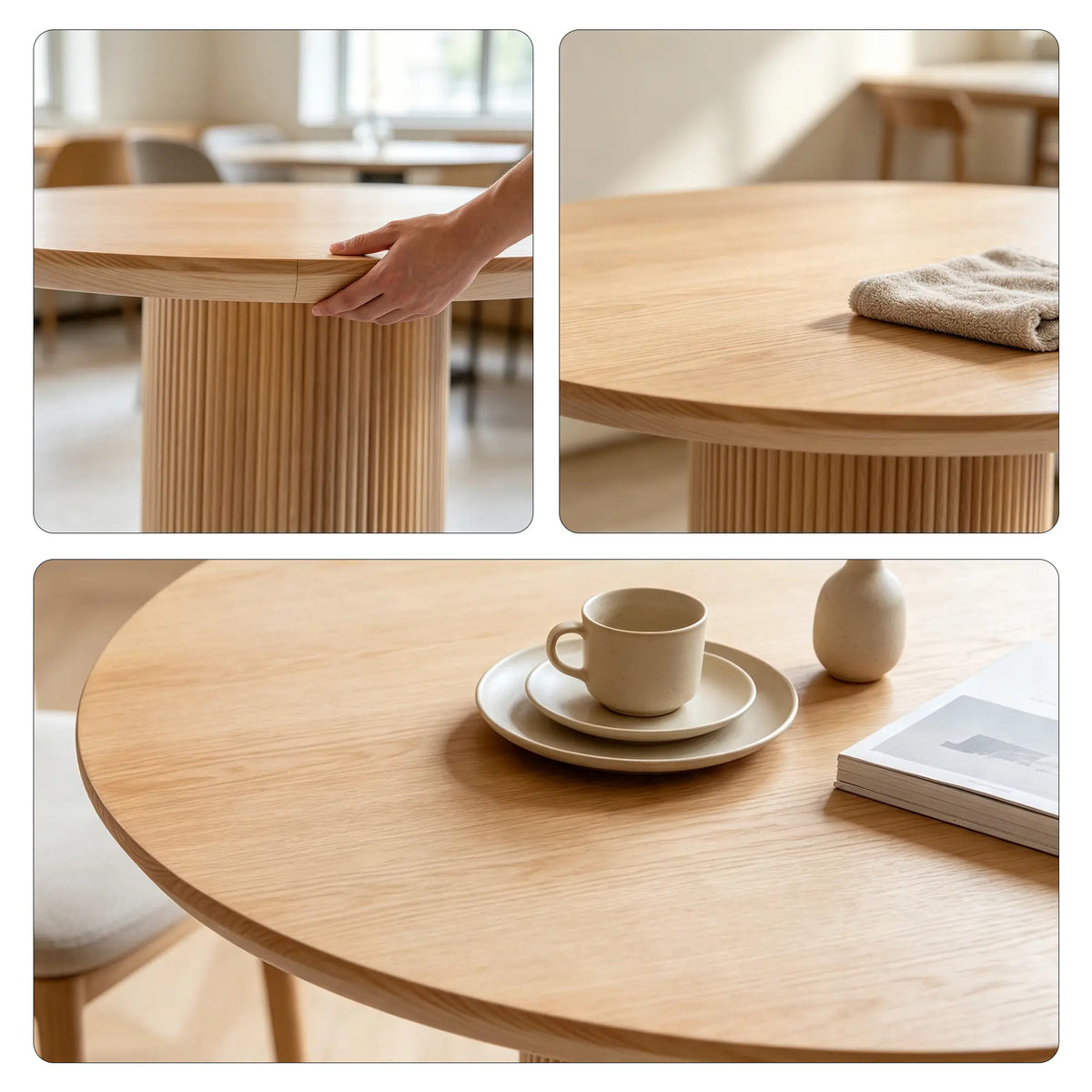 LIVARA Round Solid Wood Dining Table Natural Pine Wood Cylindrical Base 100/110cm for Dining Room Apartment Cafe