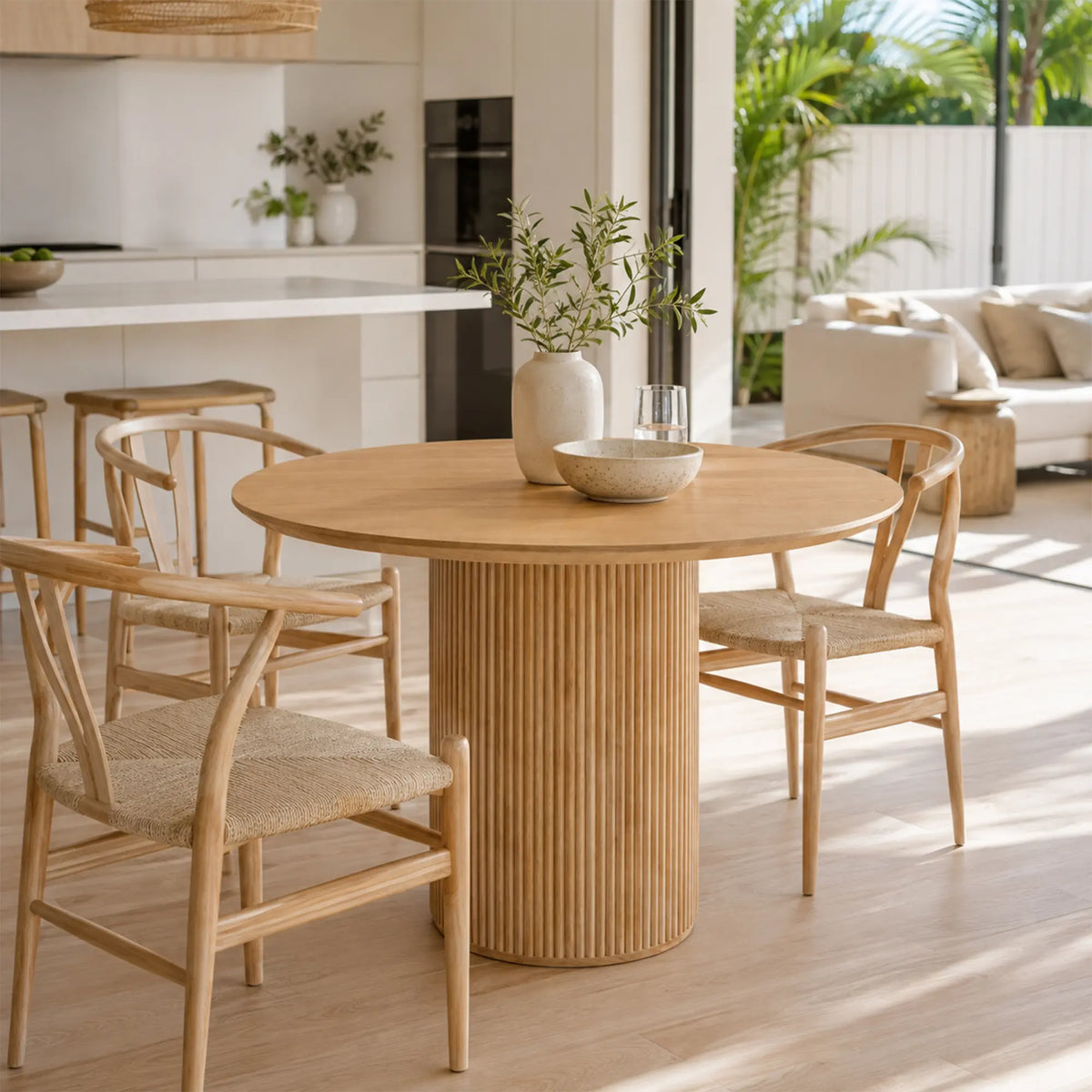 LIVARA Round Solid Wood Dining Table Natural Ash Wood Cylindrical Base 100/110cm for Dining Room Apartment Cafe