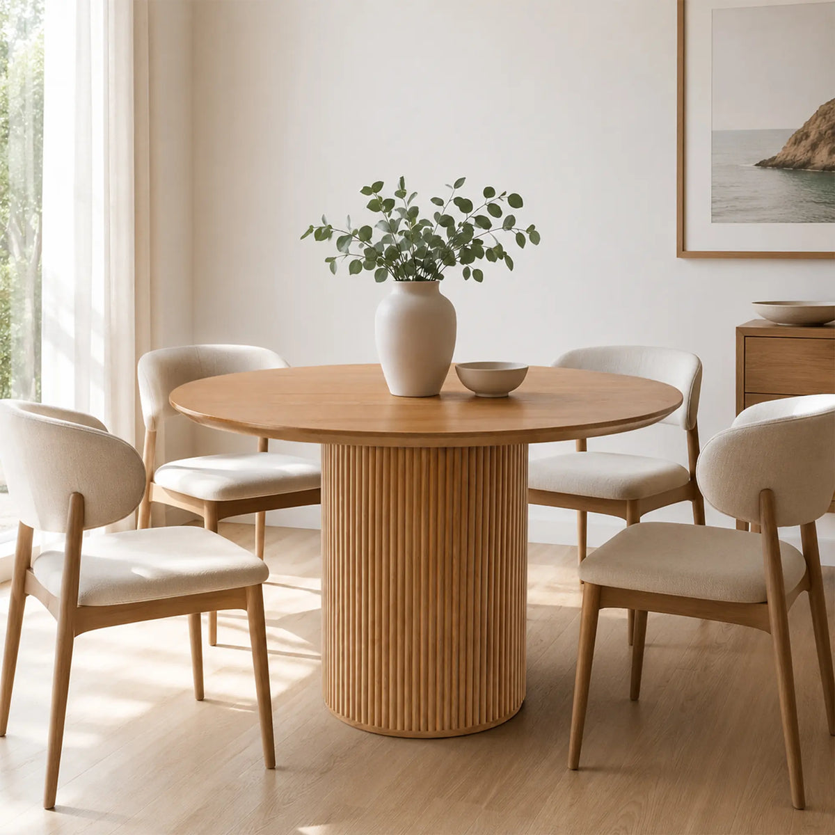LIVARA Round Solid Wood Dining Table Natural Ash Wood Cylindrical Base 100/110cm for Dining Room Apartment Cafe