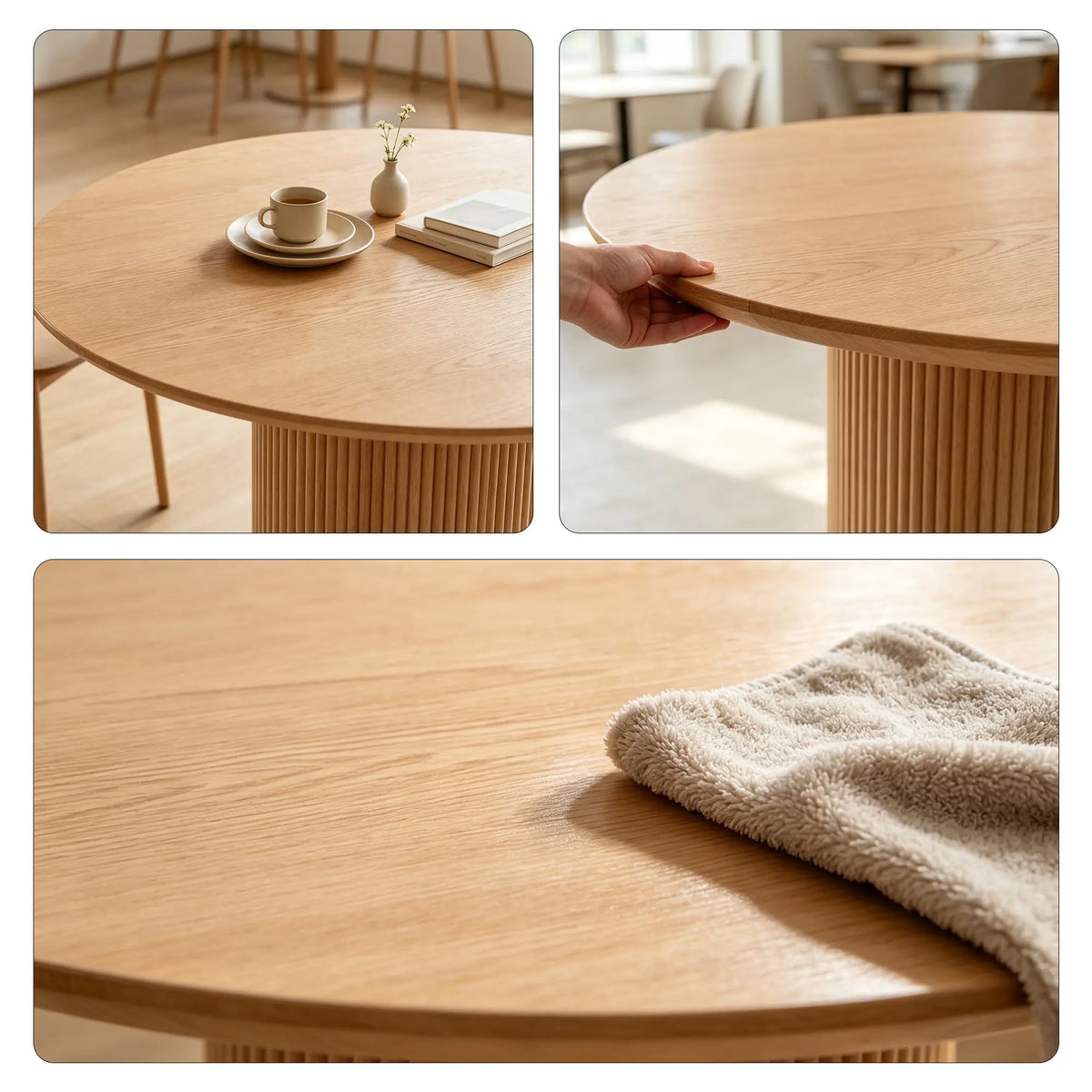 LIVARA Round Solid Wood Dining Table Natural Ash Wood Cylindrical Base 100/110cm for Dining Room Apartment Cafe