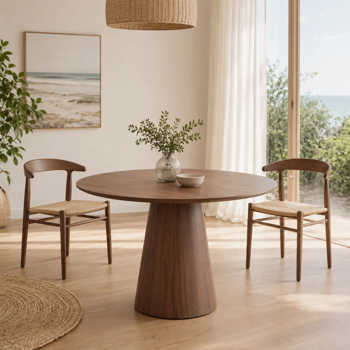 LIVARA Round Solid Wood Dining Table Natural Wood Grain Minimalist Design for Dining Room Apartment Lounge Space - Walnut