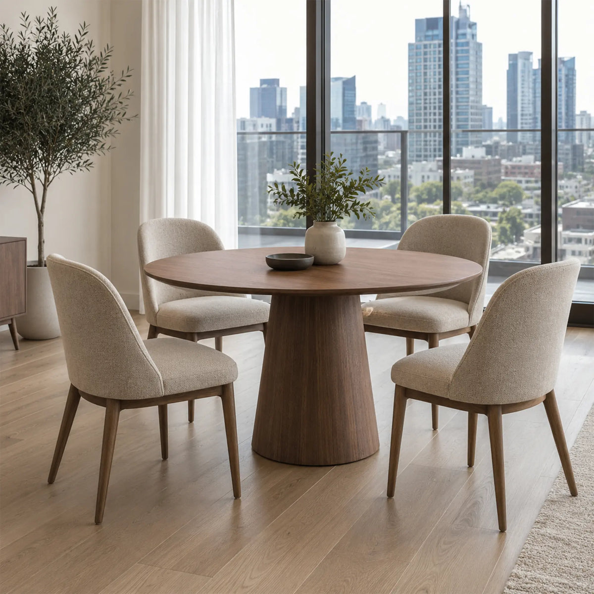 LIVARA Round Solid Wood Dining Table Natural Wood Grain Minimalist Design for Dining Room Apartment Lounge Space - Walnut