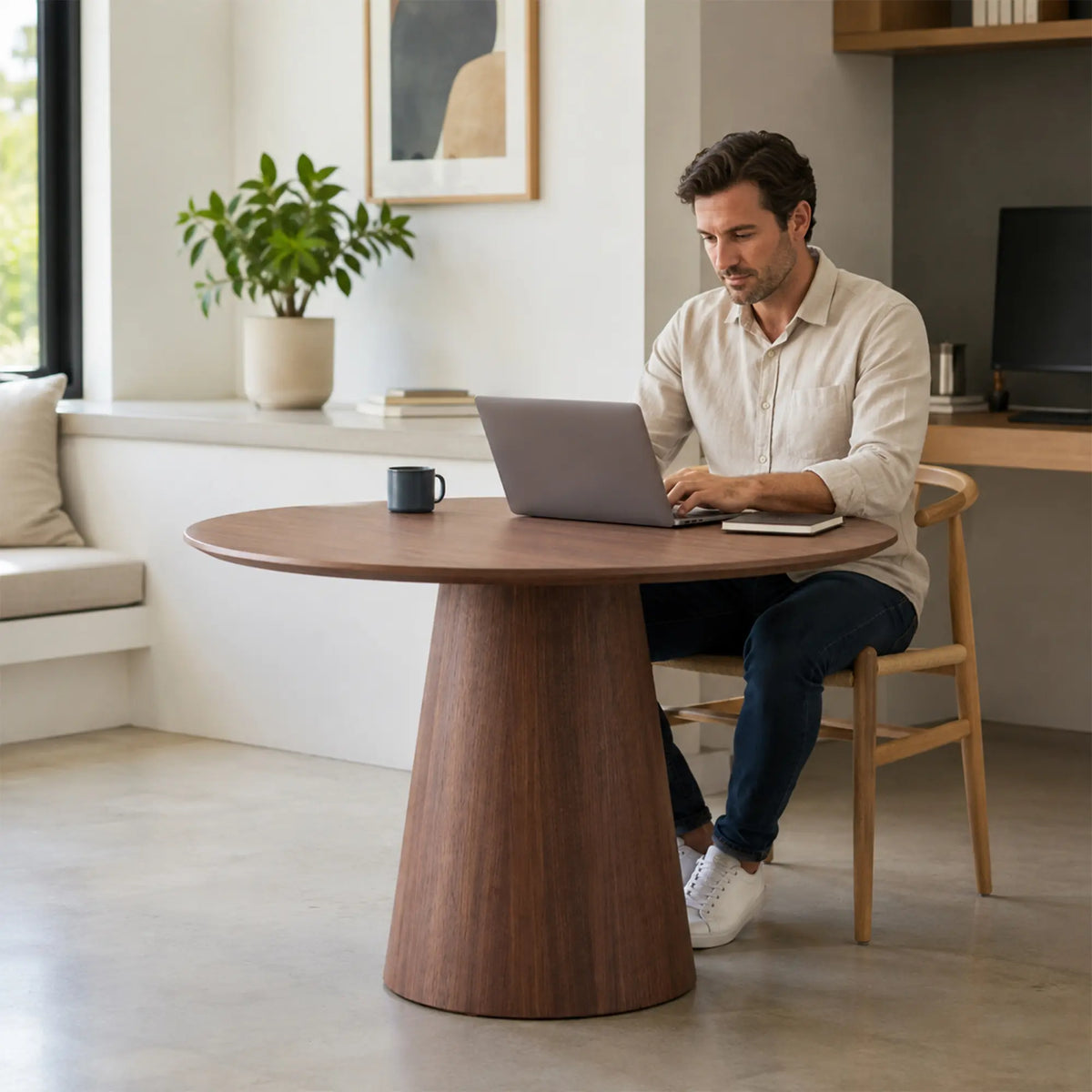 LIVARA Round Solid Wood Dining Table Natural Wood Grain Minimalist Design for Dining Room Apartment Lounge Space - Walnut