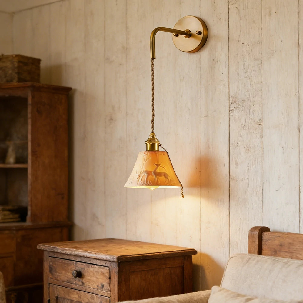 LIVARA Vintage Wall Light 40W Edison Bulb Deer Design Curved Arm Hanging Cord Brass Structure for Bedroom Hallway Living Room