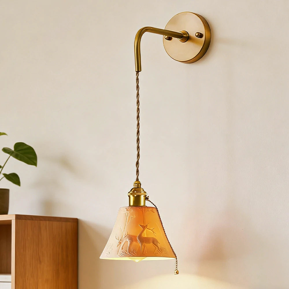 LIVARA Vintage Wall Light 40W Edison Bulb Deer Design Curved Arm Hanging Cord Brass Structure for Bedroom Hallway Living Room