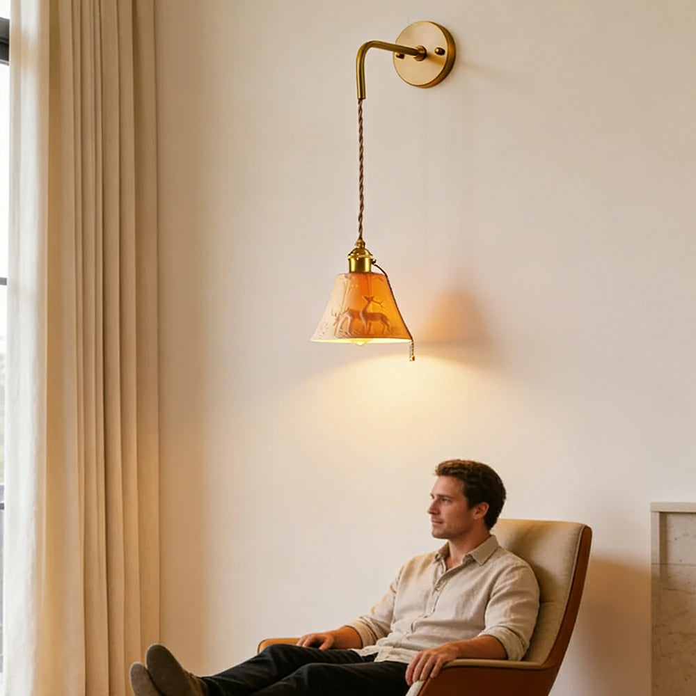 LIVARA Vintage Wall Light 40W Edison Bulb Deer Design Curved Arm Hanging Cord Brass Structure for Bedroom Hallway Living Room