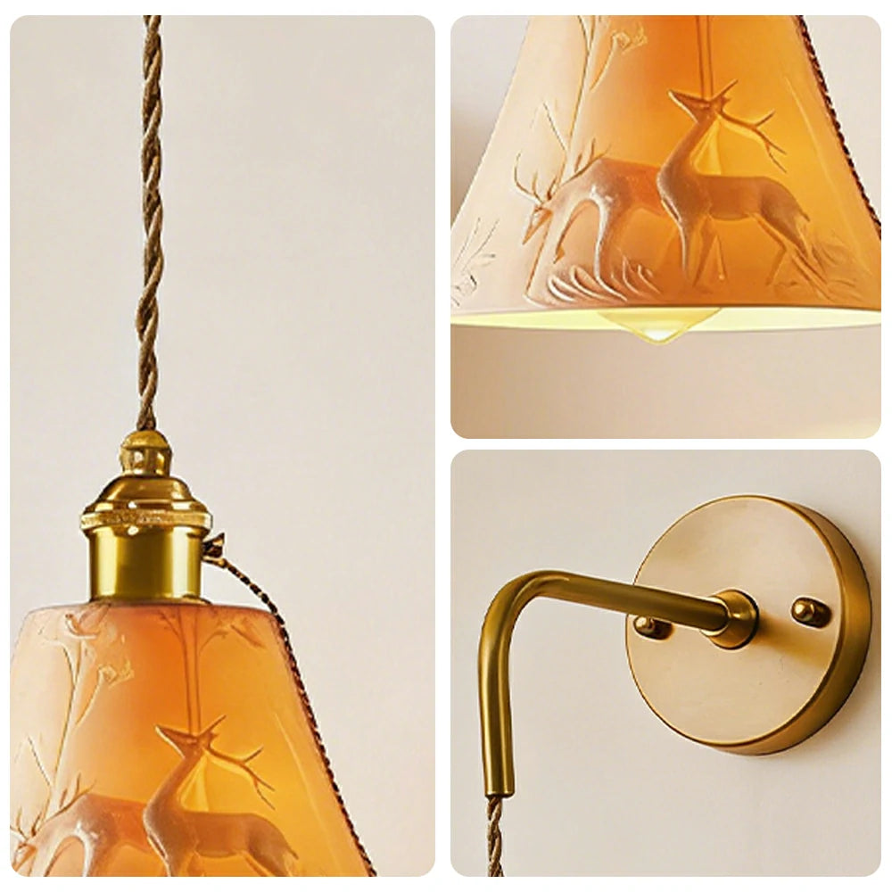 LIVARA Vintage Wall Light 40W Edison Bulb Deer Design Curved Arm Hanging Cord Brass Structure for Bedroom Hallway Living Room