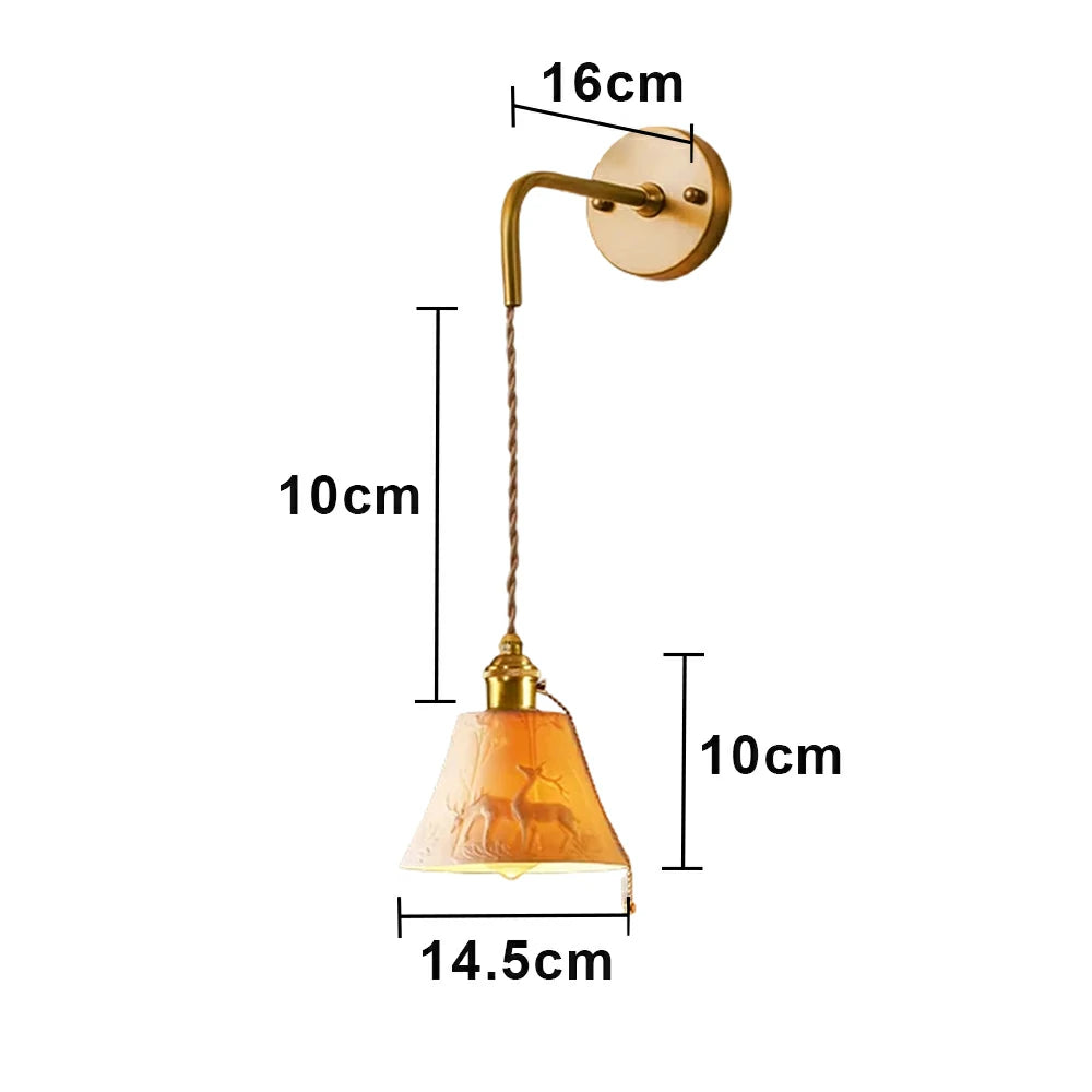 LIVARA Vintage Wall Light 40W Edison Bulb Deer Design Curved Arm Hanging Cord Brass Structure for Bedroom Hallway Living Room