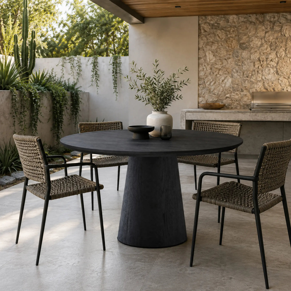 LIVARA Round Solid Wood Dining Table Natural Wood Grain Minimalist Design for Dining Room Apartment Lounge Space - Black