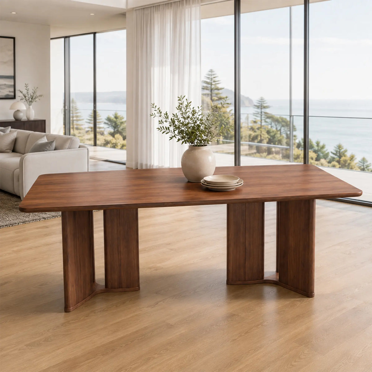 LIVARA Solid Wood Dining Table New Zealand Pine Dual Pedestal Support 140/160cm for Dining Room Apartment Open Kitchen
