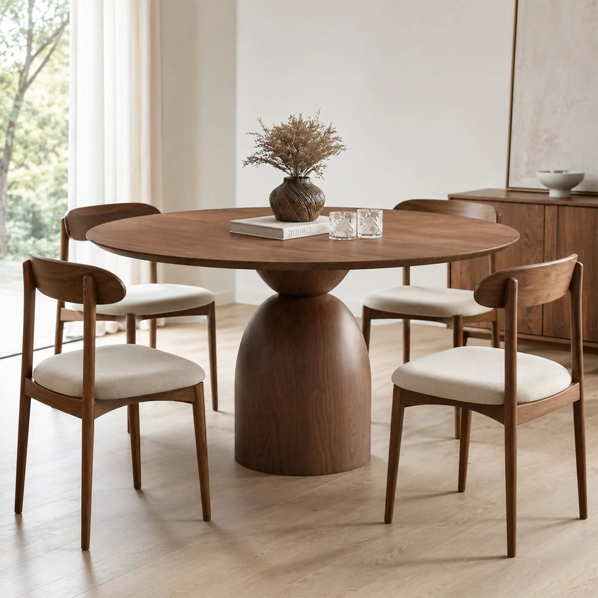 LIVARA Round Dining Table FAS Grade Ash Wood Pedestal Base Thickened Top for Dining Room Apartment Lounge - Walnut