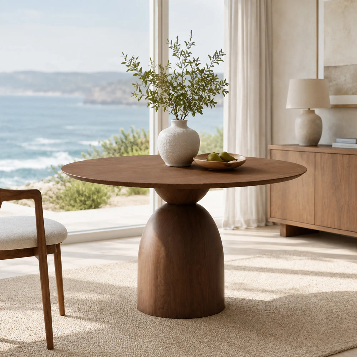 LIVARA Round Dining Table FAS Grade Ash Wood Pedestal Base Thickened Top for Dining Room Apartment Lounge - Walnut