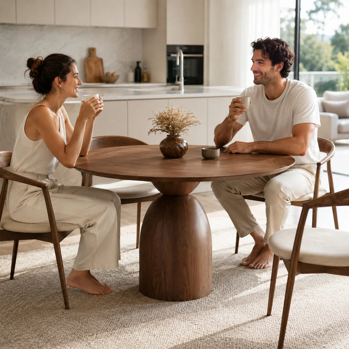 LIVARA Round Dining Table FAS Grade Ash Wood Pedestal Base Thickened Top for Dining Room Apartment Lounge - Walnut
