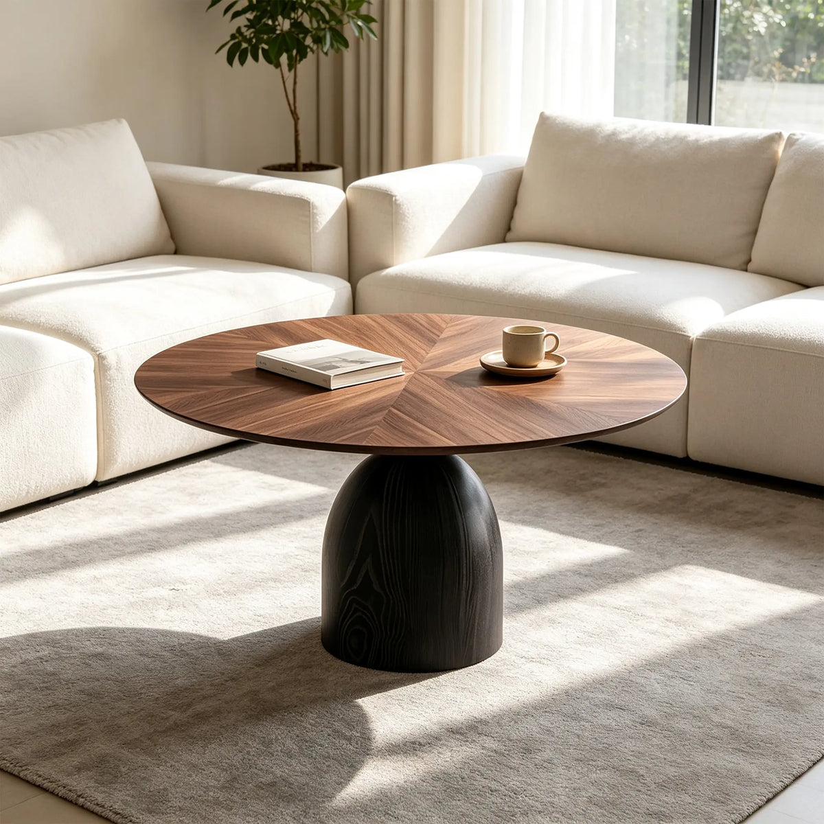 LIVARA Round Dining Table FAaS Grade Ash Wood Pedestal Base Thickened Top for Dining Room Apartment Lounge - Walnut & Black