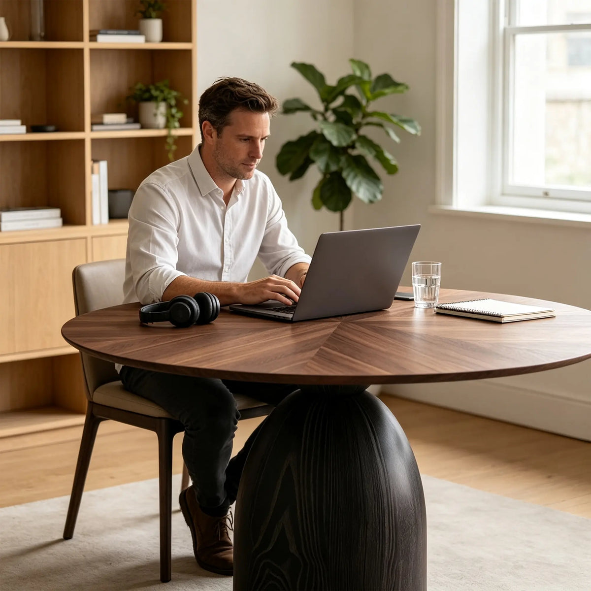 LIVARA Round Dining Table FAaS Grade Ash Wood Pedestal Base Thickened Top for Dining Room Apartment Lounge - Walnut & Black