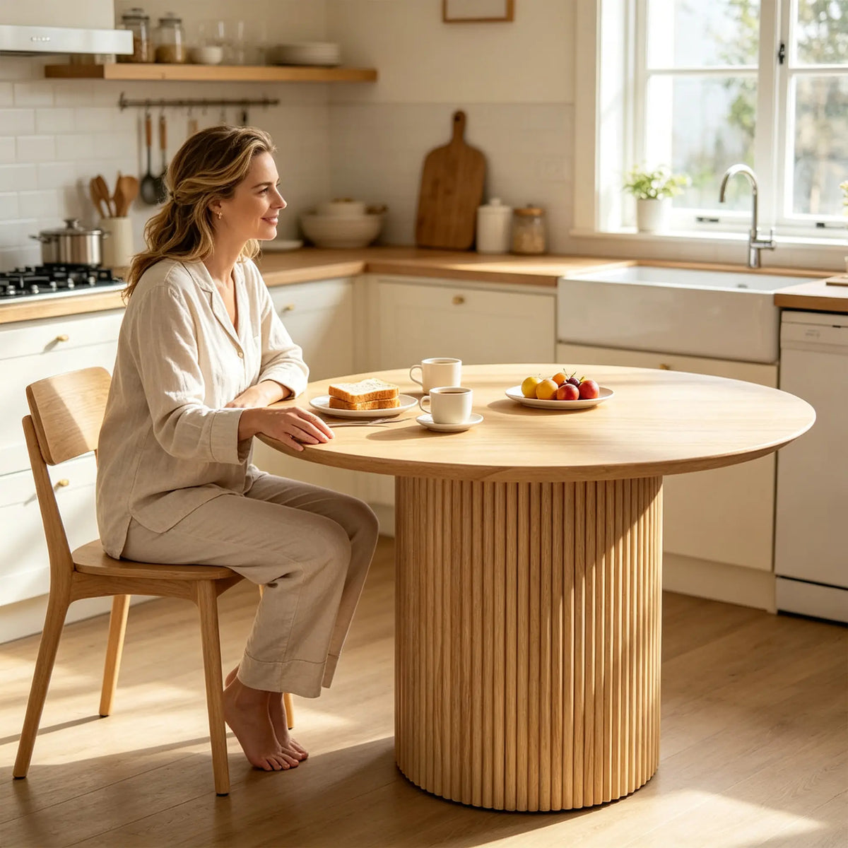 LIVARA Compact Round Dining Table Solid Wood Top Space Saving Pedestal Base for Small Dining Room Apartment Lounge - Wood