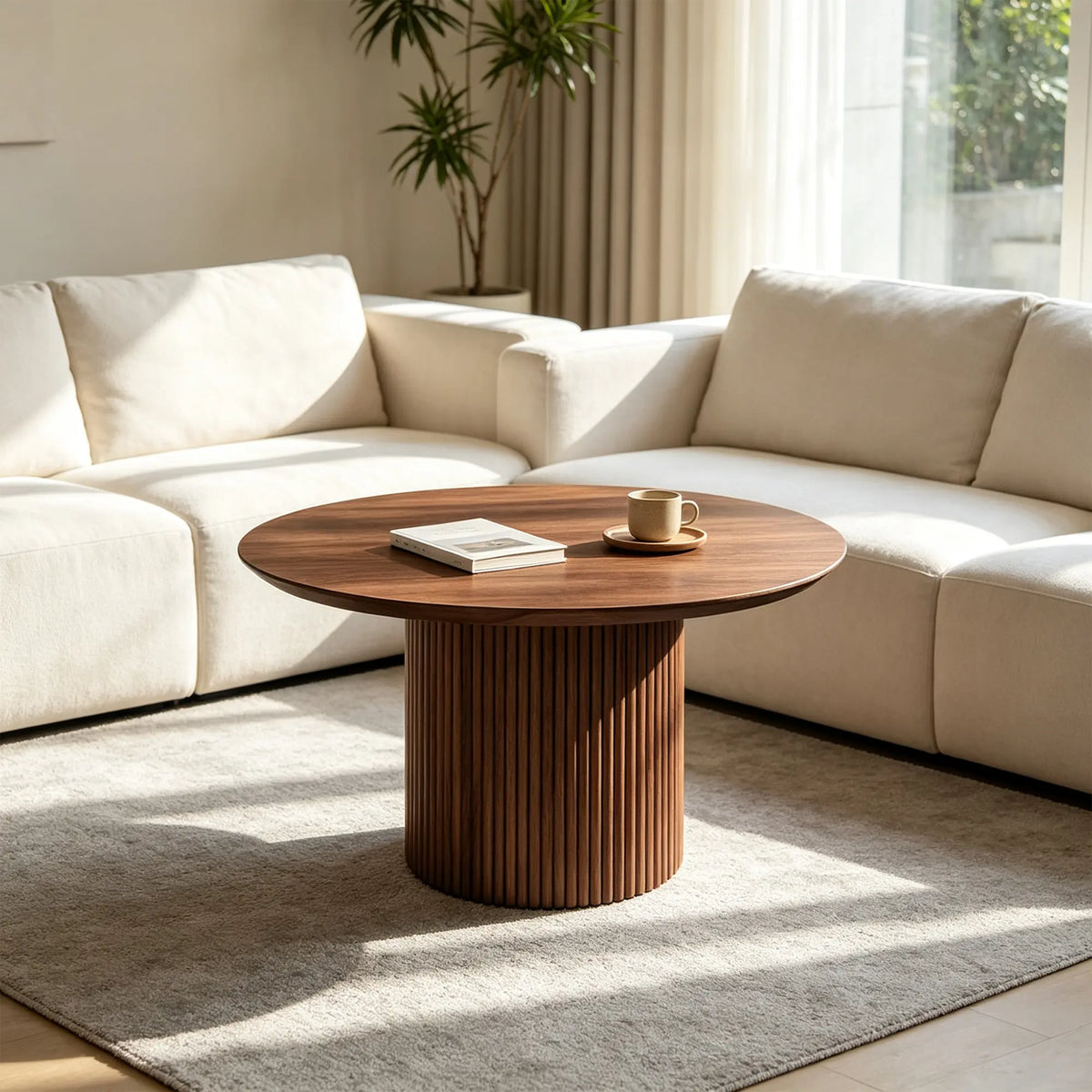 LIVARA Compact Round Dining Table Solid Wood Top Space Saving Pedestal Base for Small Dining Room Apartment Lounge - Walnut