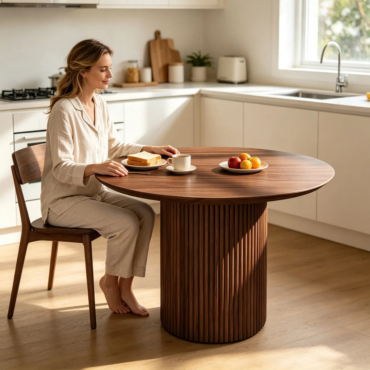 LIVARA Compact Round Dining Table Solid Wood Top Space Saving Pedestal Base for Small Dining Room Apartment Lounge - Walnut